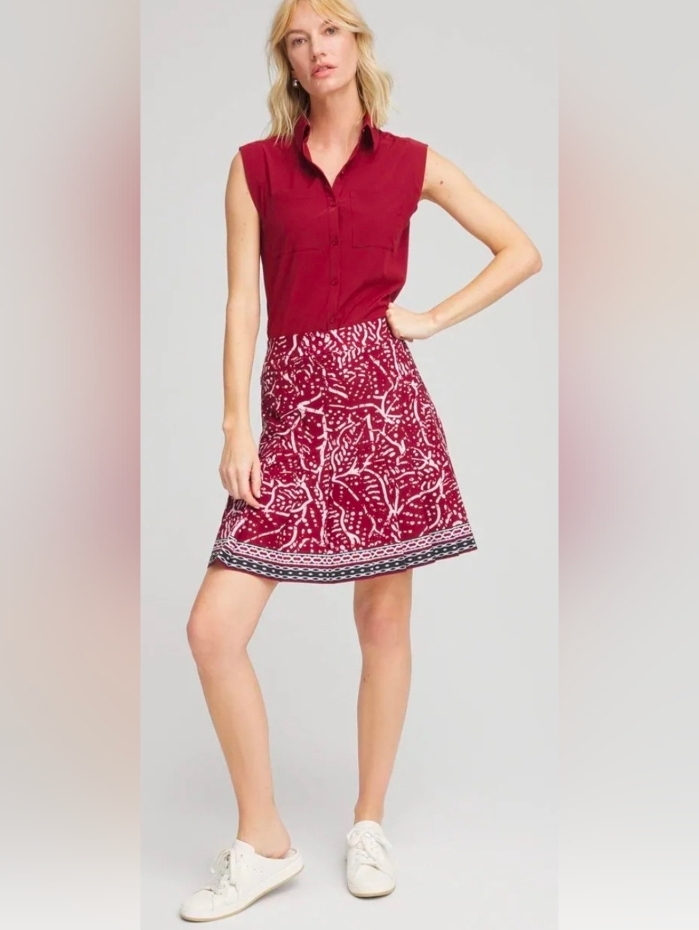 Chico's Zenergy pleated skort featuring a pink and maroon batik-style